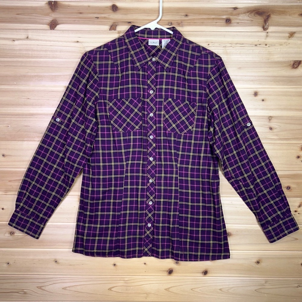 L.L. Bean Shirt Womens Small Purple Plaid Button Up Roll Tab Long Sleeve Shirt